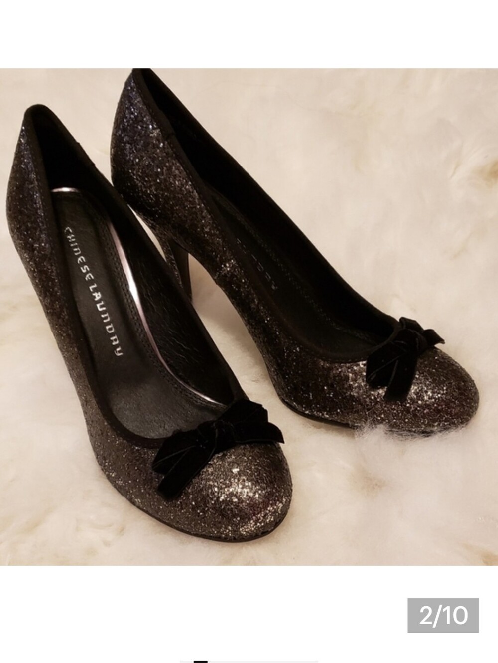 Chinese Laundry Black Metallic Glitter Heels Stiletto Leather Shoes Celeb Style